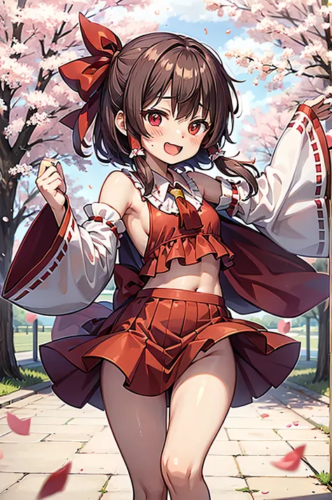 reimu hakurei　cheeks are red　Natural Laughing Face　Show from head to thigh　cute face　small breasts　small butt　good style　Normal attire　Near the cherry blossoms　Cherry blossom petals are dancing　small 　thin legs　