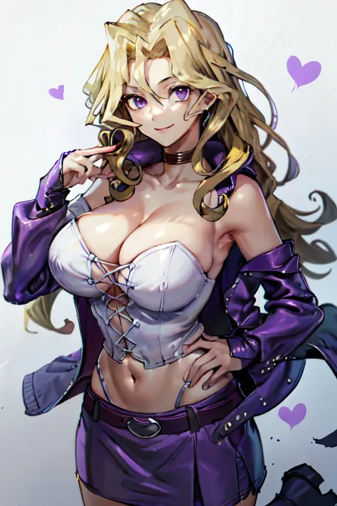 ((masterpiece,best quality)), absurdres,
purple eyes, long hair, blonde hair,  smile, hearts, 
kujaku mai, bare shoulders, deep cleavage, coat, collarbone, white corset, cross-laced clothes, absurdly wide cross-lacing, detached sleeves, hair between eyes, ...