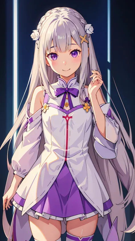 realistic、one girl、 Emilia Lee:zero、crown blade、flower hair ornament、×Hair ornament、gray hair、long hair、purple eyes、fantasy、magic effect、pieces fly、smile、mini skirt、white knee high socks、