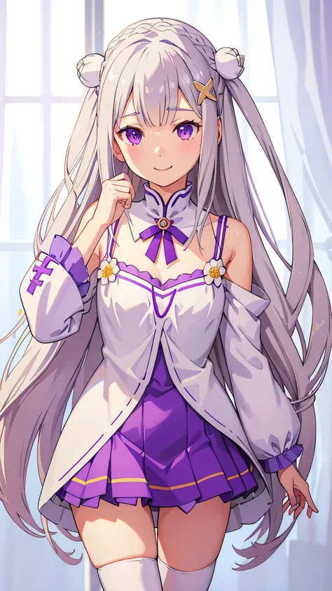 realistic、one girl、 Emilia Lee:zero、crown blade、flower hair ornament、×Hair ornament、gray hair、long hair、purple eyes、fantasy、magic effect、pieces fly、smile、mini skirt、white knee high socks、