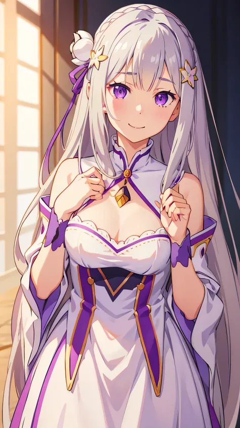 realistic、one girl、 Emilia Lee:zero、crown blade、flower hair ornament、×Hair ornament、gray hair、long hair、purple eyes、fantasy、magic effect、pieces fly、smile、