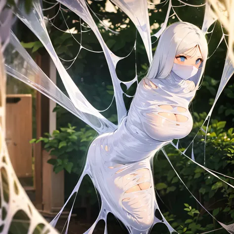 a girl entangled in the spider web, struggle, detailed classroom, (cocoon:1.3), spider web, hanging, spider in the web, spider