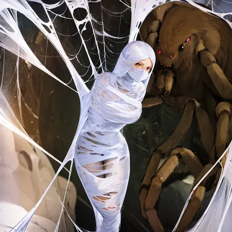 a girl entangled in the spider web, struggle, detailed classroom, (cocoon:1.3), spider web, hanging, spider in the web, spider