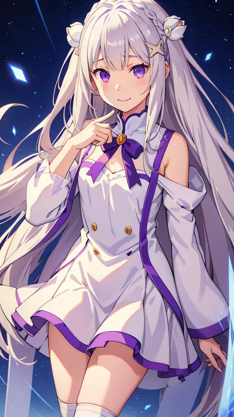 realistic、one girl、 Emilia Lee:zero、crown blade、flower hair ornament、×Hair ornament、gray hair、long hair、purple eyes、fantasy、The magic effect of ice、illumination、pieces fly、smile、mini skirt、white knee high socks、