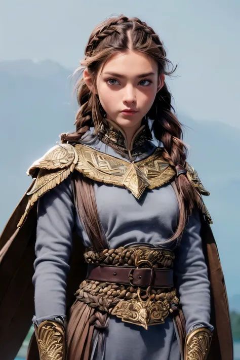 (Obra maestra, La mejor calidad) (young warrior woman of nordic descent), (ojos verdeuscular), (falda de piel), (brown hair color),(loose hair with small braids on the scalp), (top con correa de cuero) plumas, capa sobre el hombro, bufas, (azul, gray and b...