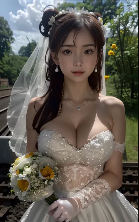 (((Pixel perfect, Perfect details))), alone, 1 girl，bride, yuigahama yui， pout， 美丽bride穿美麗婚紗的特写,Gurwitz, (((bride頭紗)))，（transparent short veil），blush，eye shadow，Blushing face，Head flower，headgear，((bouquet))，((((tube top wedding dress))))，(((strapless wedd...