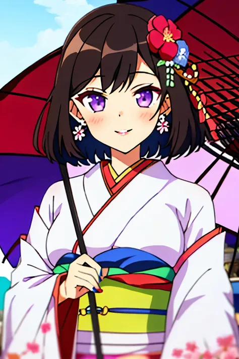 masterpiece,best quality,1girl,solo,flower,kimono,umbrella,japanese clothes,hair ornament,hair flower,oil-paper umbrella,looking...