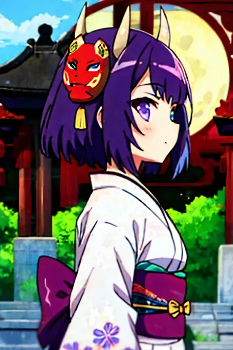 masterpice,solo, 1girl, mask, looking at viewer, purple hair, horns, japanese clothes, upper body, kimono, mask on head, closed ...