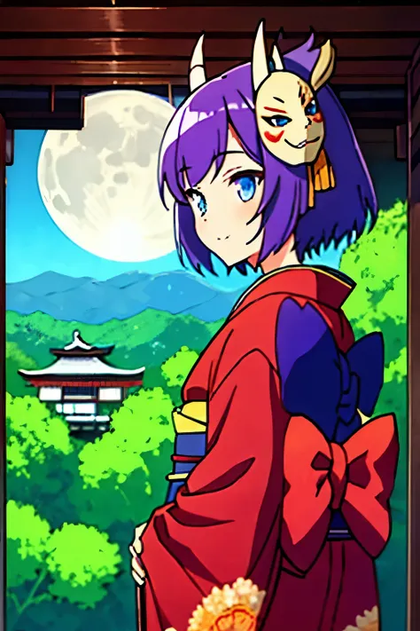 masterpice,solo, 1girl, mask, looking at viewer, purple hair, horns, japanese clothes, upper body, kimono, mask on head, closed ...