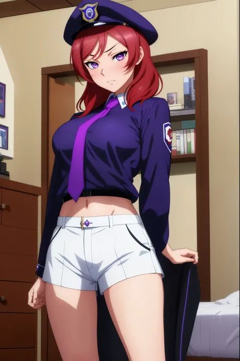 Masterpiece, best quality,Nishikino maki, purple eyes,blue shirt, half sleeves, necktie, black belt, tight white shorts, midriff, standing, Sexually exited, police cap,in her boyfriend bedroom, looking at viewer, big breasts, embarrassed pose