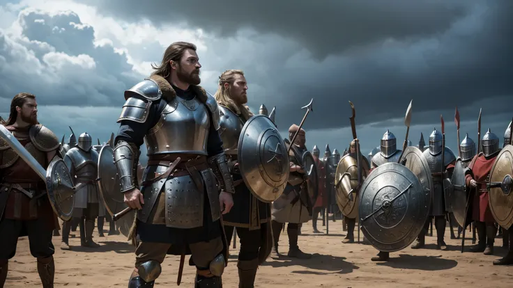 "Craft a hyper-realistic image set in an ancient makeshift arena encircled by a diverse crowd of Vikings and medieval knights under a cloudy sky. In the center, a robust Viking named Erik, clad in leather armor with fur accents, wields a detailed axe, stan...