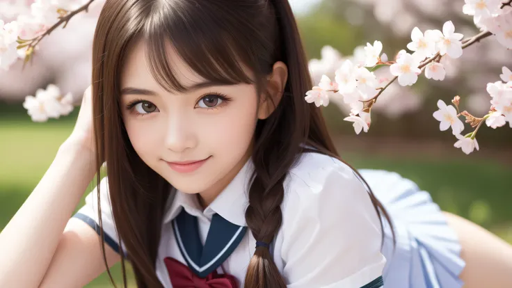 (1 girl), big round eyes, princess face, enchanting smile, One side twin tail, (school uniform, mini skirt:1.2), (highest quality: 1.4), (Super detailed), (highest quality:1.4), (super detailed), evening, very high resolution, (Upper body), close up face, ...