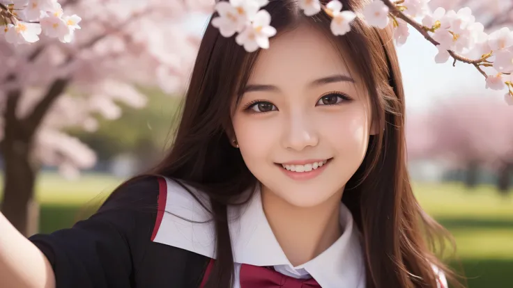 (1 girl), incredibly beautiful face, enchanting smile, (school uniform, mini skirt:1.2), (highest quality: 1.4), (Super detailed), (highest quality:1.4), (super detailed), evening, very high resolution, (Upper body), close up face, cherry blossoms, 