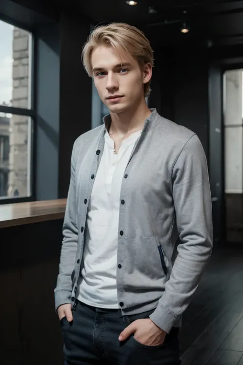 Detailed CG Unity 8K Wallpapers,masutepiece, Best Quality, Ultra-detailed), Gray background, 25-year-old man living in Europe, 25 year old male, blond hair, blue eyes, pale skin, casual clothes, masculine posture