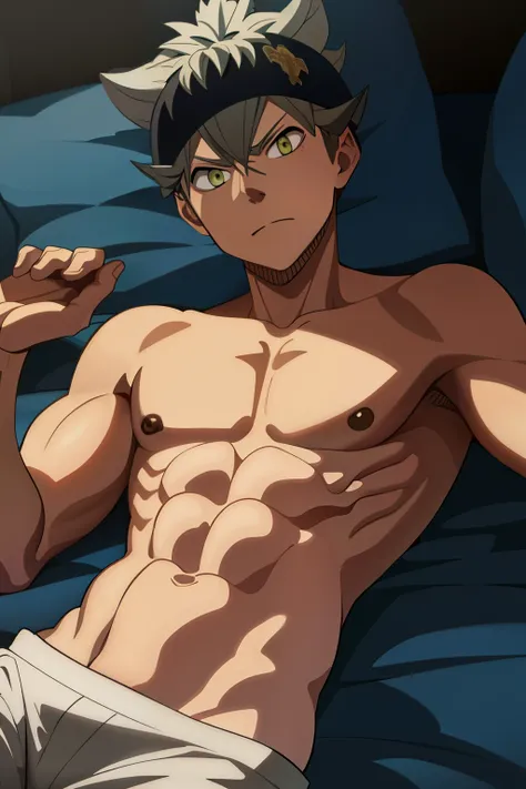 Masterpiece, Best quality, High quality, 1boy, Solo, Male Shirtless, showing his muscle, view the viewer, lying on bed, asta