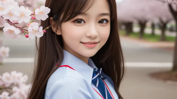 (1 girl), big round eyes, princess face, enchanting smile, neat, (school uniform, mini skirt:1.2), (highest quality: 1.4), (Super detailed), (highest quality:1.4), (super detailed), evening, very high resolution, (Upper body), close up face, cherry blossom...