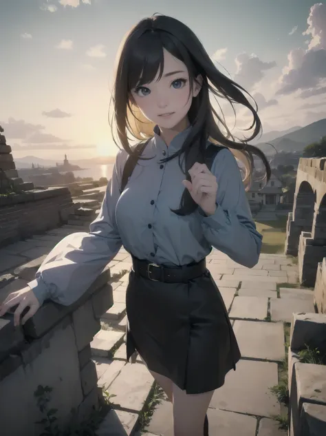 masterpiece ancient ruins: A female explorer、Exploring ancient ruins under the sunset。She has a neat and beautiful face、Wearing clothes with realistic textures。her clever gesture、catch the audience&#39;s attention。The texture of the stone of the ruins and ...