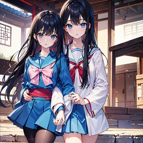 girl with long black hair, slim, tall, sexy, looks like a cute doll, blue eyes, plump pink lips, wears a Japanese school uniform with a very short skirt,