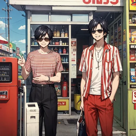 A man wearing a red and beige striped cotton shirt from the 1950s, wearing white pants, wearing sunglasses, straight black hair, smiling, at a gas station from the 1950s, day
