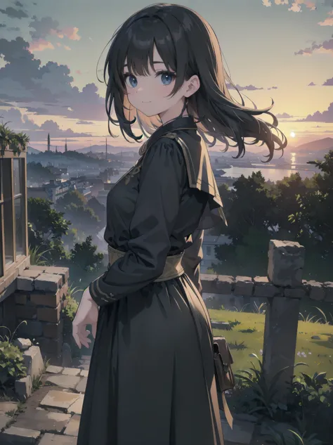 masterpiece ancient ruins: A female explorer、Exploring ancient ruins under the sunset。She has a neat and beautiful face、Wearing clothes with realistic textures。her clever gesture、catch the audience&#39;s attention。The texture of the stone of the ruins and ...