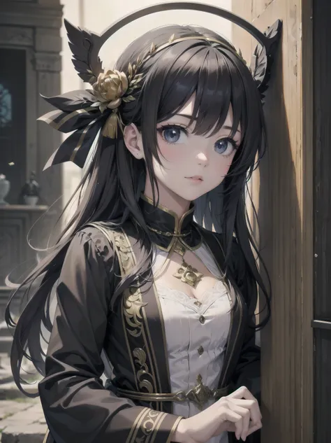 Inside unimaginable ancient ruins、In a corner where a mysterious light shines in、A neat and beautiful girl is standing。her perfect face、It is further highlighted by the artistic shading effect.。Her costume is drawn with realistic materials and textures.、in...