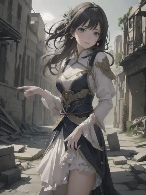 One girl、Standing against the backdrop of the majestic ruins of an ancient ruin。her costume is、A design that is neat yet gives you a sense of ancient mystery.、The realistic feel and texture of the material stands out.。her face is perfectly drawn、Capture th...