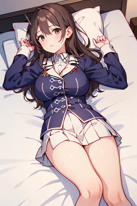 (((masterpiece)))、(((high resolution)))、(((high resolution)))、(((perfect face)))、(((Nachi-Kancolle)))、(((Mature)))、(((uniform)))、(((beautiful face)))、bed、white skin、(big breasts)、(Plump)、embarrassed look、((looking at camera))、NSFW、(((On your back)))
