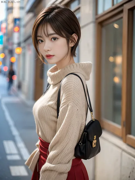 Fashion Model、Japanese women who are too beautiful、eye make up、red lipstick、short cut hair、brown hair、High level image quality、realistic pictures