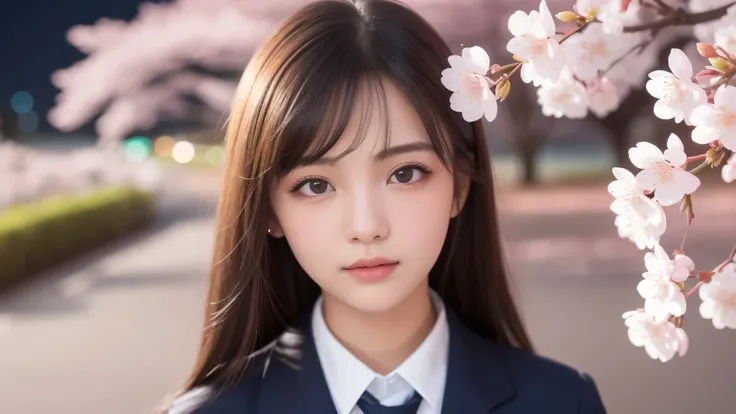 (1 girl), very cute face, small mole under the eye, (highly detailed eyes, highly detailed face), Fresh, very beautiful appearance, (surreal, High resolution), (highest quality:1.4), professional photography, (high school uniform:1.2), (Cherry blossoms at ...