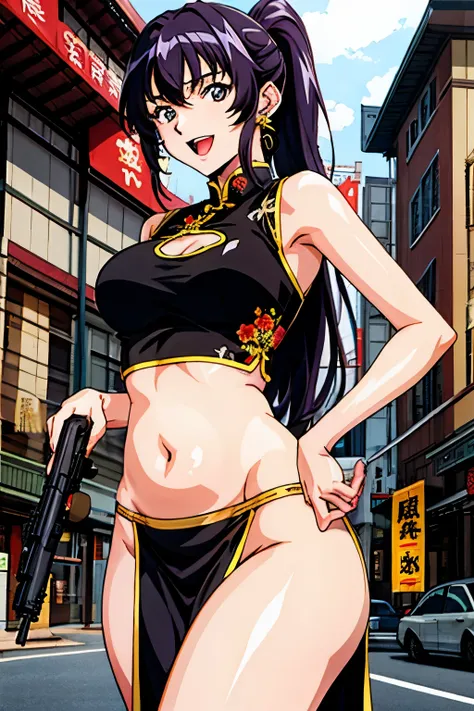 1990s,(style), (cel anime:1.1), official art, perfect lighting,Colorful,,perfect anatomy,black long hair,ponytail,hidero horibe, choker,  jewelry, earrings, (shiny skin), medium breasts, masterpiece, best quality, highly detailed, a anime girls in china dr...