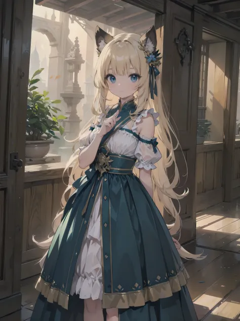 Inside unimaginable ancient ruins、In a corner where a mysterious light shines in、A neat and beautiful girl is standing。her perfect face、It is further highlighted by the artistic shading effect.。Her costume is drawn with realistic materials and textures.、in...