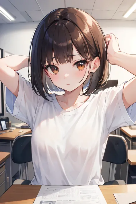 frame in, from right in front of face and body, view straight on, upper body, High quality, very high res, High quality, cute girl, brown hair, forehead, blunt bangs, bob cut, blush, Brushed up bangs, (white wearing a plain t-shirt), small breasts, upright...