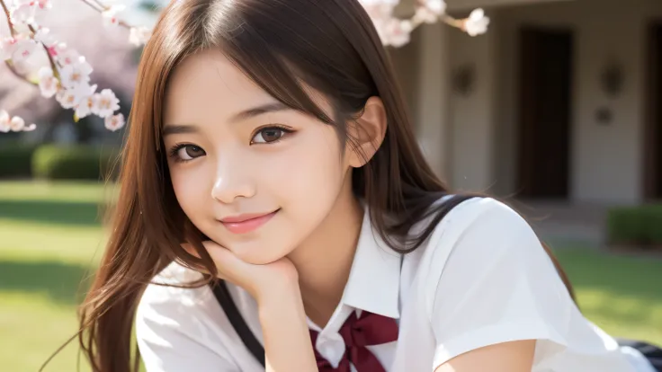 (1 girl), big round eyes, princess face, enchanting smile, (school uniform, mini skirt:1.2), (highest quality: 1.4), (Super detailed), (highest quality:1.4), (super detailed), evening, very high resolution, (Upper body), close up face, cherry blossoms, 