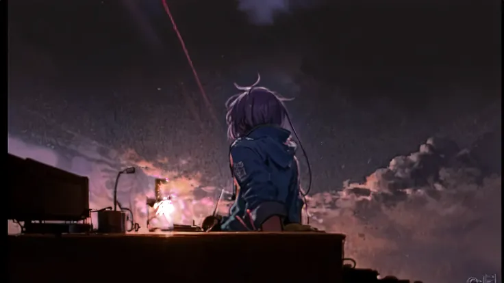 A man sitting on a shelf and looking at the sky, Lofiatostyle, animeの美学, animeの雰囲気, anime, Loffi aesthetics, portrait of lofi, anime壁紙, 80年代のanimeの雰囲気, lo-fi hip hop, Lo-fi atmosphere, Lofiato, ( ( ( synthwave ) ) ), 9 0 s animeの美学