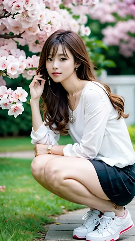 Flawless解剖学,Image of a beautiful girl who came to see cherry blossoms in full bloom,nice earrings and necklace,Photo from the side ,She wears a long-sleeved blouse with a collar, a hoodie, and a long tight skirt with a plaid pattern.,Squatting down with kn...