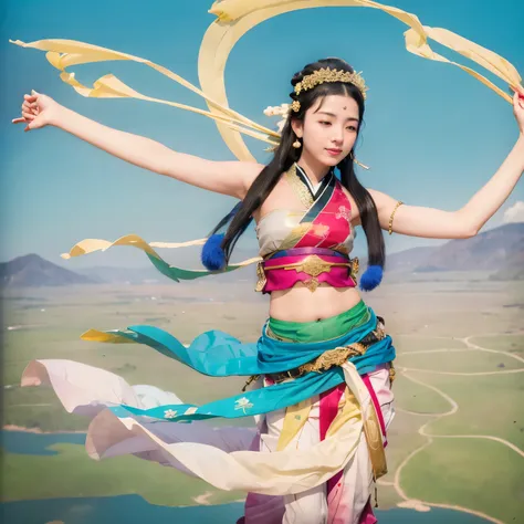 goddess, flying, dance in the air, whistle in the air, acrobatic in the air, (((she wearing hagoromo)))