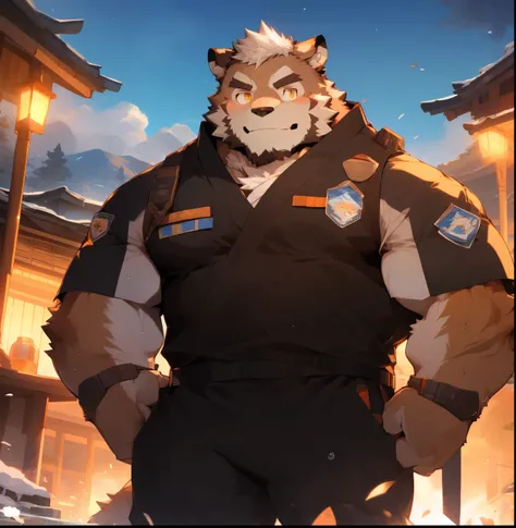 masterpiece，night，Anthropomorphic wolves，（（（white hair））），male，26 years old，thick eyebrows，Light-colored fur，Strong body，Large pecs，（（（Future mecha，special forces uniform，modern weapons，））），站在battlefield上，adjust hat，dark night，light，Legs sweat，Smile，Face t...