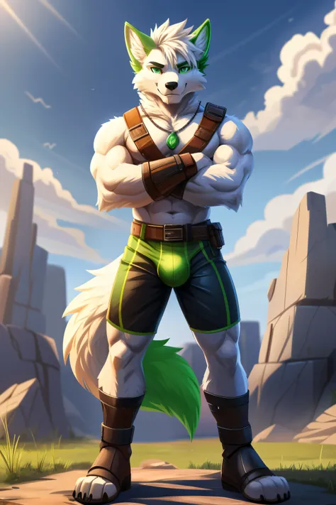 solo,anthro,furry,furry male, White Fox ((fluffy fur,fluffy,furry body)),Full Body,Muscular, Bara, Very Tall Athletic, Green eyes,((bright green eyes)), Green tail tip, Green ear tips,Short Messy Hair, White hair,String Necklace, Green Pendant, Wrist guard...