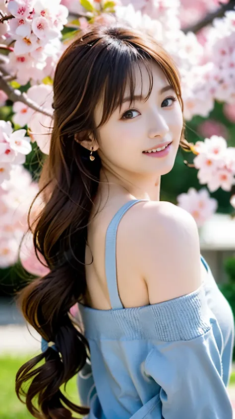 ((Flawless解剖学)),Image of a beautiful girl who came to see cherry blossoms in full bloom,nice earrings and necklace,Lateral hip up photo ,She wears a long-sleeved blouse with a white collar, a light blue hoodie, and a pleated long skirt with a plaid pattern...