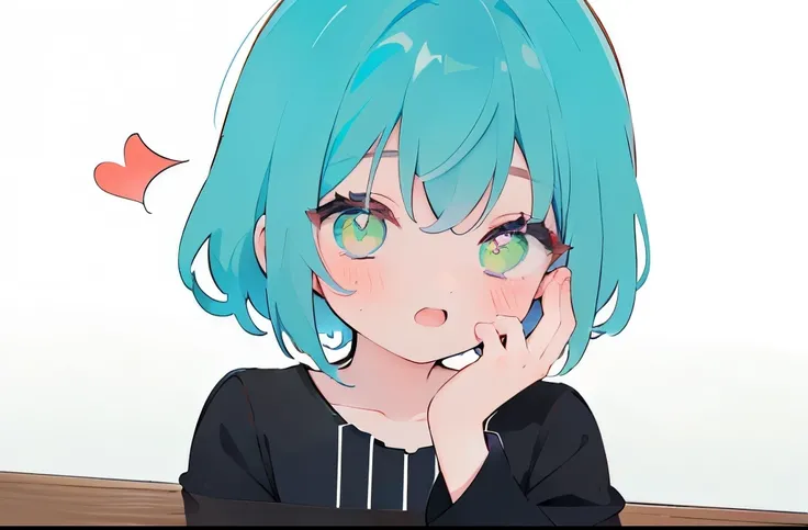 blue hair、1 girl,  , blushing face、laughter、glowing green eyes、、long sleeve、simple background、short hair、upper body costume