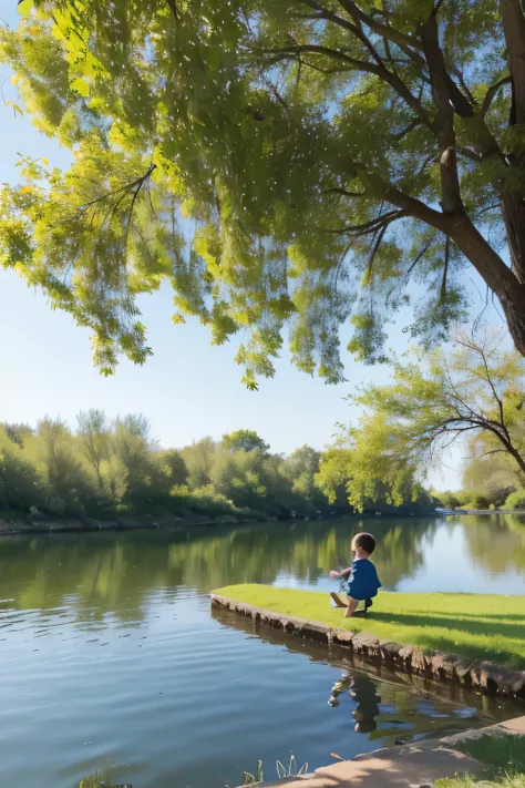 Little boy playing by the lake in spring，There are willow trees on the shore，There are boats in the lake