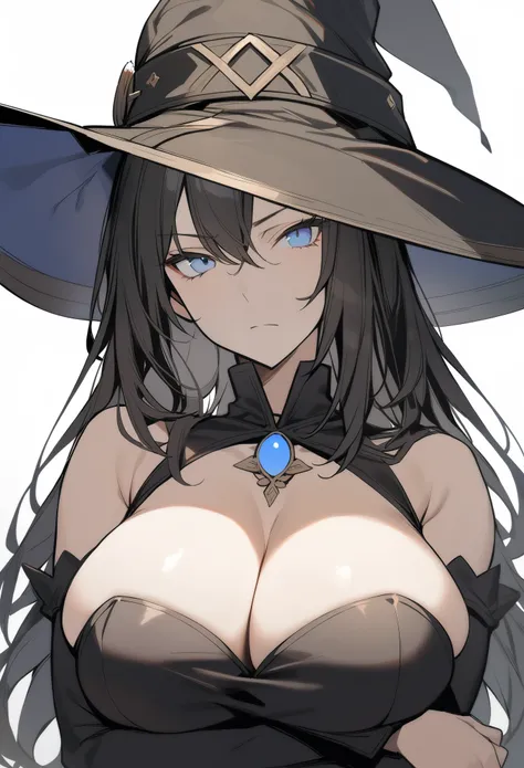 1girl, upper body, looking at viewer, witch, mature female, long hair, black hair, tsurime, blue eyes, large breasts, cleavage, strapless, detached sleeves, bare shoulder, witch hat, expressionless, (crossed arms, arms under breasts), serious, simple backg...