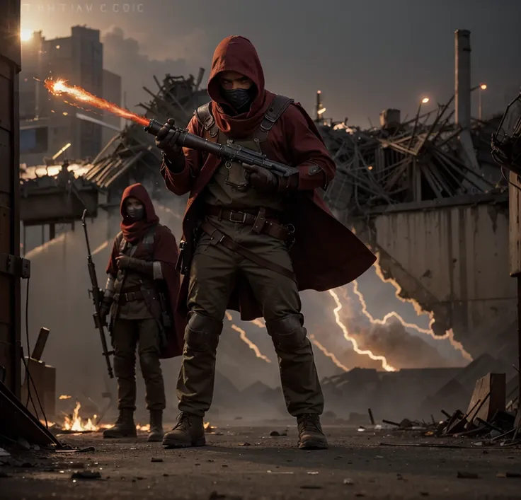 male soldier, European face, has a red cloth that covers his head, and a red scarf covers his face, has a red cloth poncho, has a leather collar with red lights, wear torn and dirty clothes, military boots , he holds a flamethrower with a pipe, he is in a ...