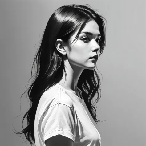 (Minimalism:1.5)，portrait，(Black and white sketch painting)，simple composition，1 girl,20 year old girl, There is light on the face, t-shirt，Rear view，contour