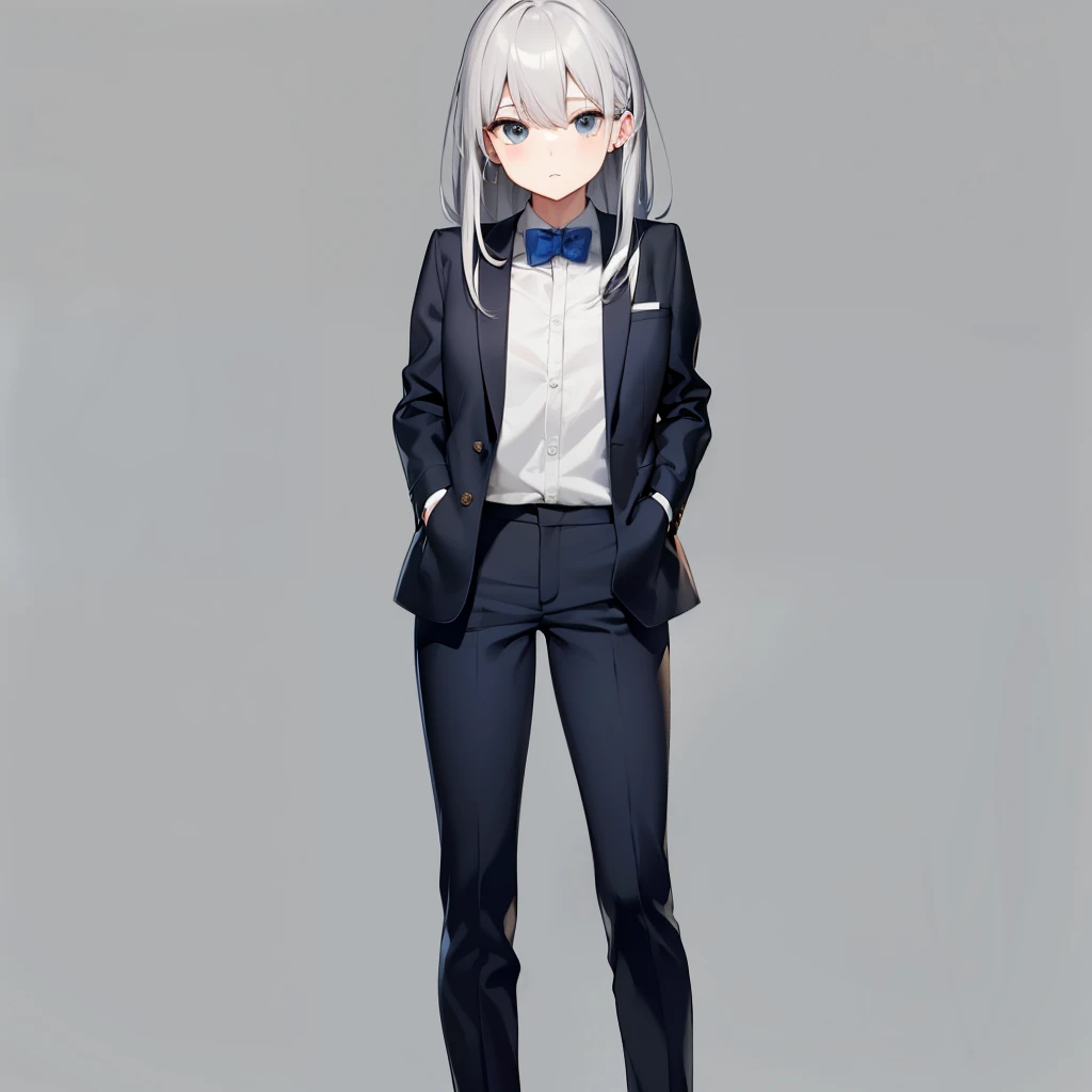 adorable，silver hair full body keeping the same suit and shy pose 