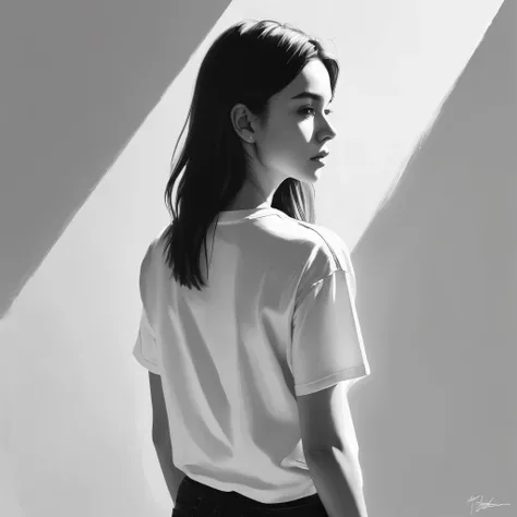 (Minimalism:1.5)，Portraits，(Black and white sketch painting)，Simple composition，1 girl,20 year old girl, There is light on the face, t-shirt，back view