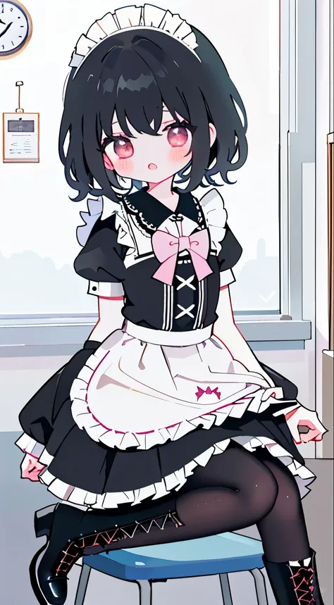 loli,short black hair,maid outfit,Black lace-up boots,white pantyhose,blush shy,classroom scene,demon