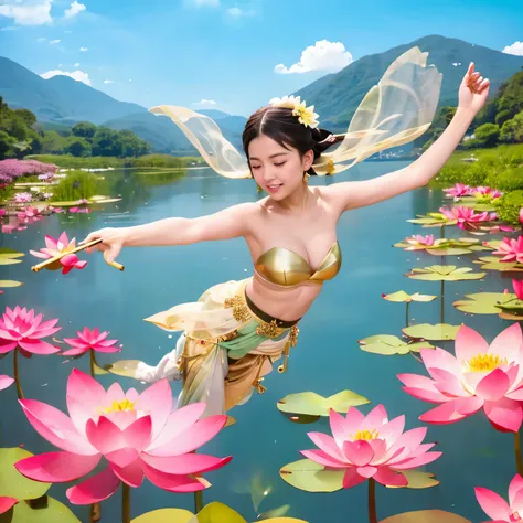 (((JPGND))), (masterpiece, best quality:1.2), 1girl, solo, beautiful , young, cute, descend from the sky, tennyo, heavenly maiden, celestial maiden, heavenly nymph, dancing or play the flute or holding a lotus flower in the sky, A celestial maiden who land...