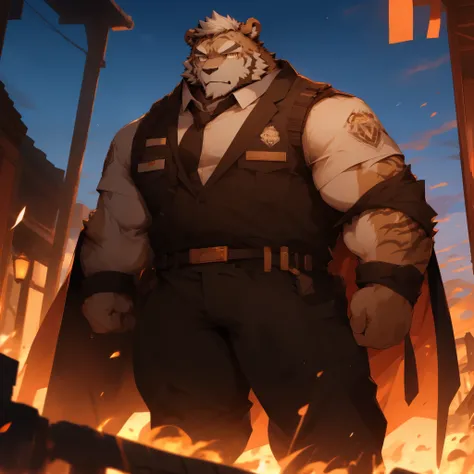 masterpiece，night，anthropomorphic bear，（（（white hair））），male，26 years old，thick eyebrows，Light-colored fur，Strong body，Large pecs，（（（Future mecha，special forces uniform，modern weapons，））），站在battlefield上，fighting stance，dark night，light，Legs sweat，serious，E...