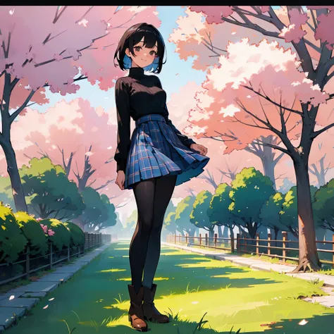 (high quality, High resolution, Super detailed, reality:1.37), peaceful atmosphere, (outdoors, garden ,Cherry tree), teenage girl standing alone, (my breasts are big.), Beautiful detail features, cute smile, (black bob hair), ribbed sweater, blue plaid ski...